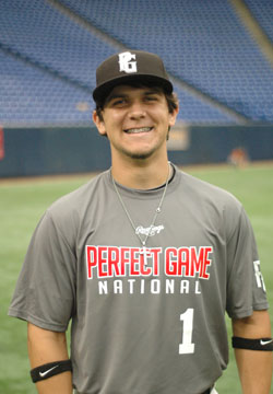 Michael Chavis (1) of Sprayberry High School in Marietta, Georgia playing  for the Atlanta Braves scout team during the East Coast Pro Showcase on  July 31, 2013 at NBT Bank Stadium in